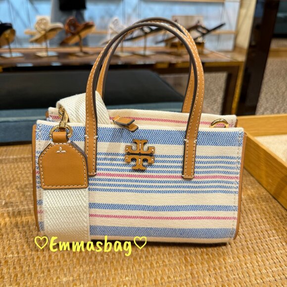 Tory Burch Blake Stripe Canvas Mini Tote 175965 $380 Multi/Walnut